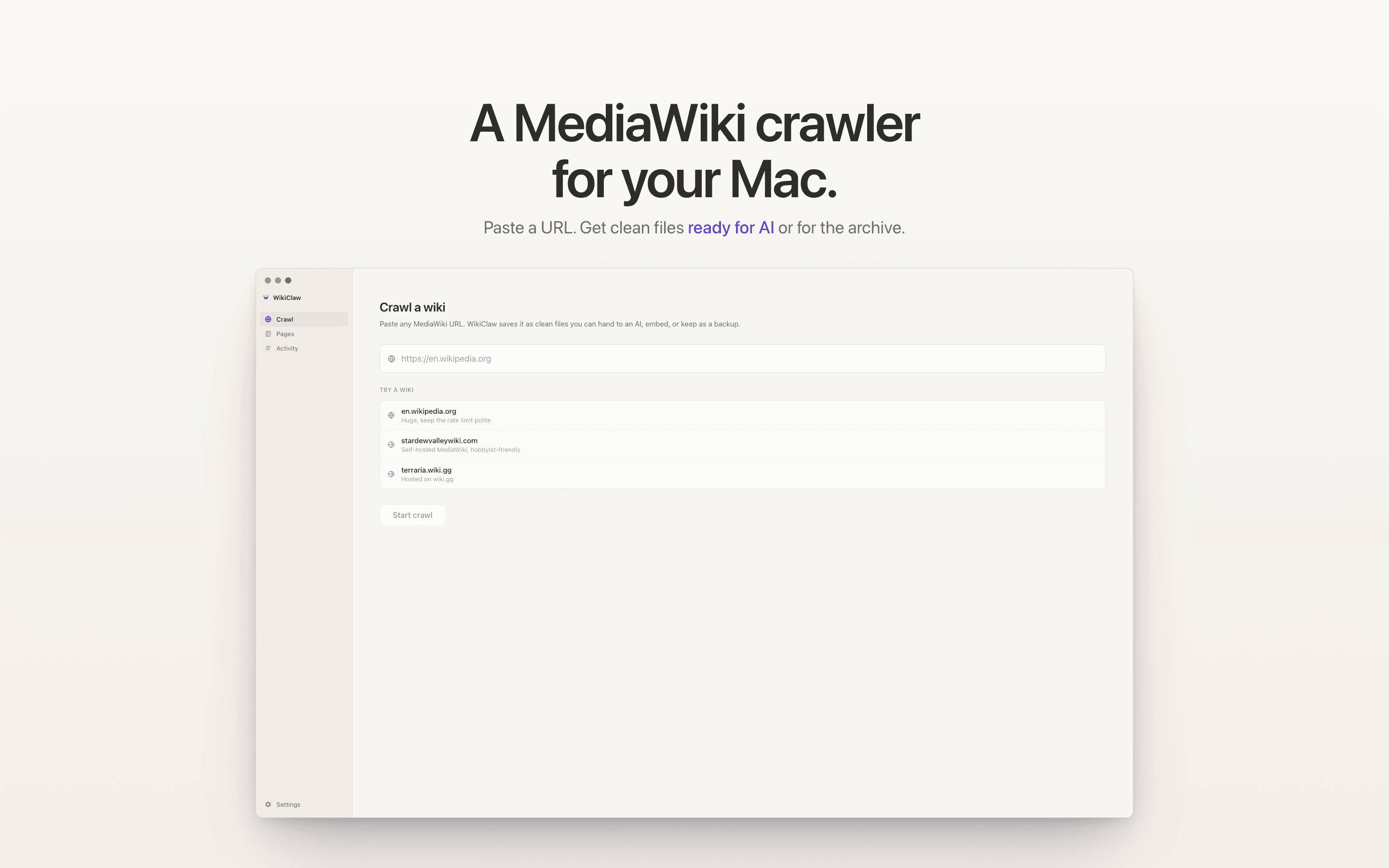 WikiClaw, a MediaWiki crawler for your Mac.