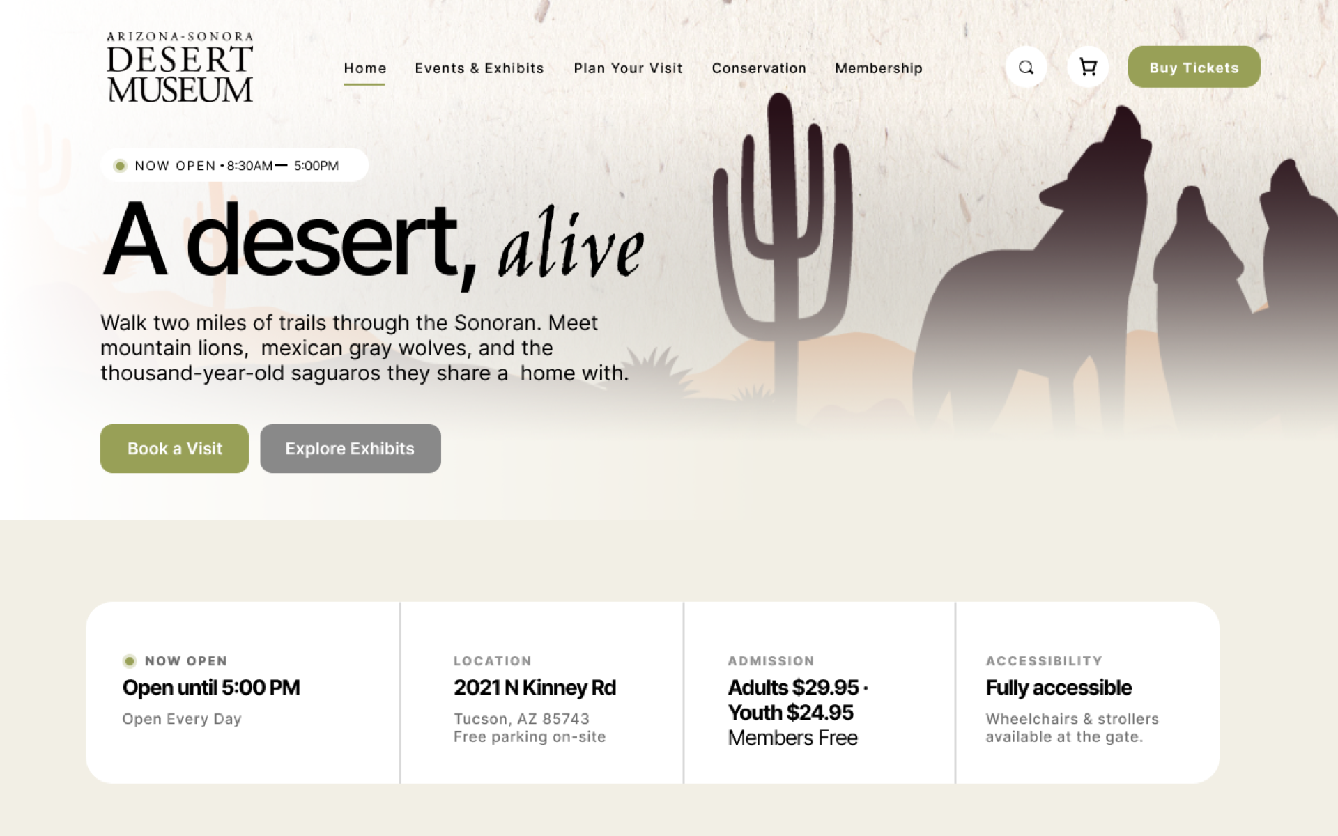 Redesigned ASDM homepage - A desert, alive. Tagline hero with Book a Visit and Explore Exhibits CTAs.