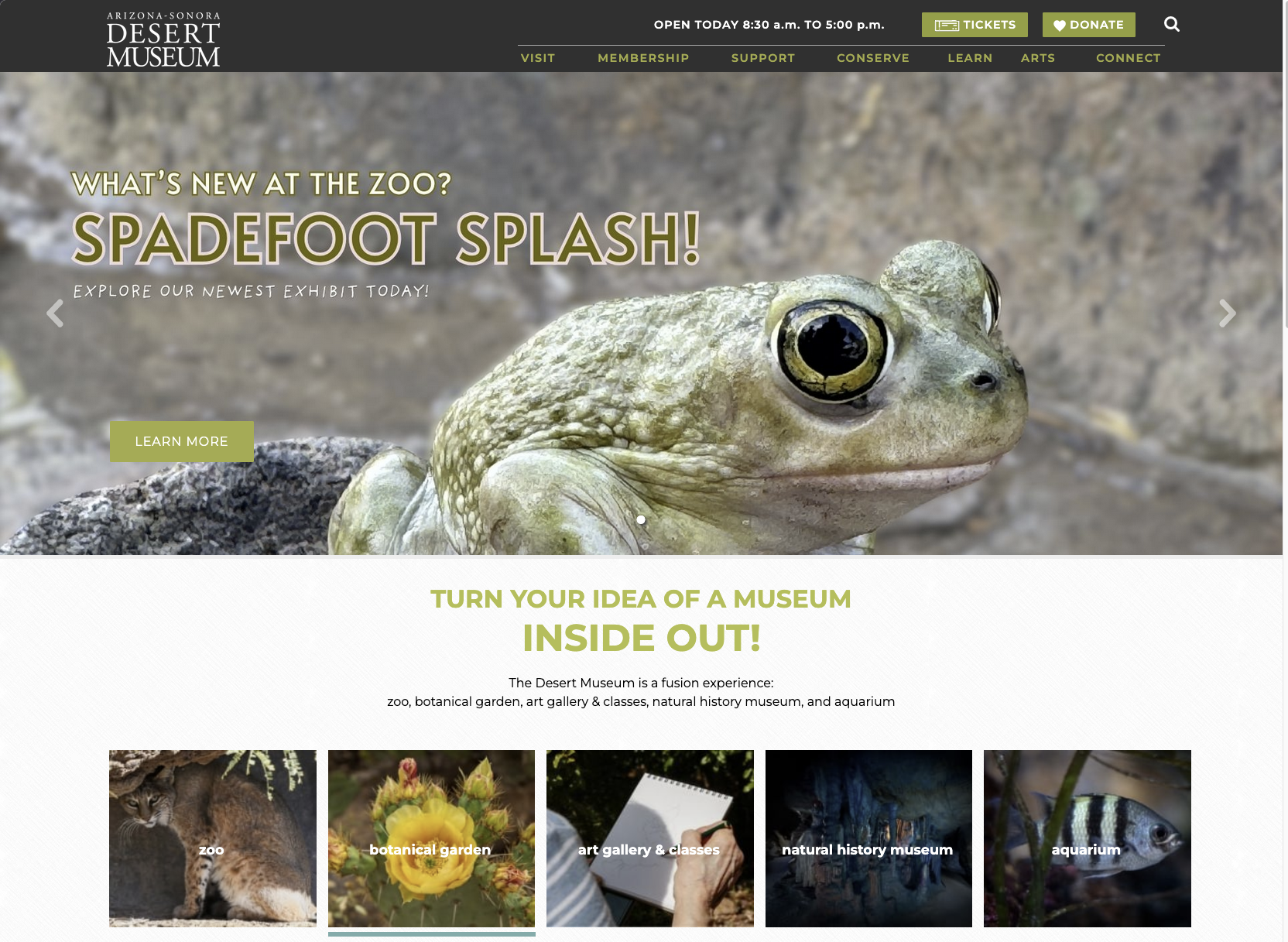 Current ASDM homepage: rotating exhibit promo hero with a Tickets button and today's hours in the header; the rest of the visit planning content lives behind the VISIT menu.