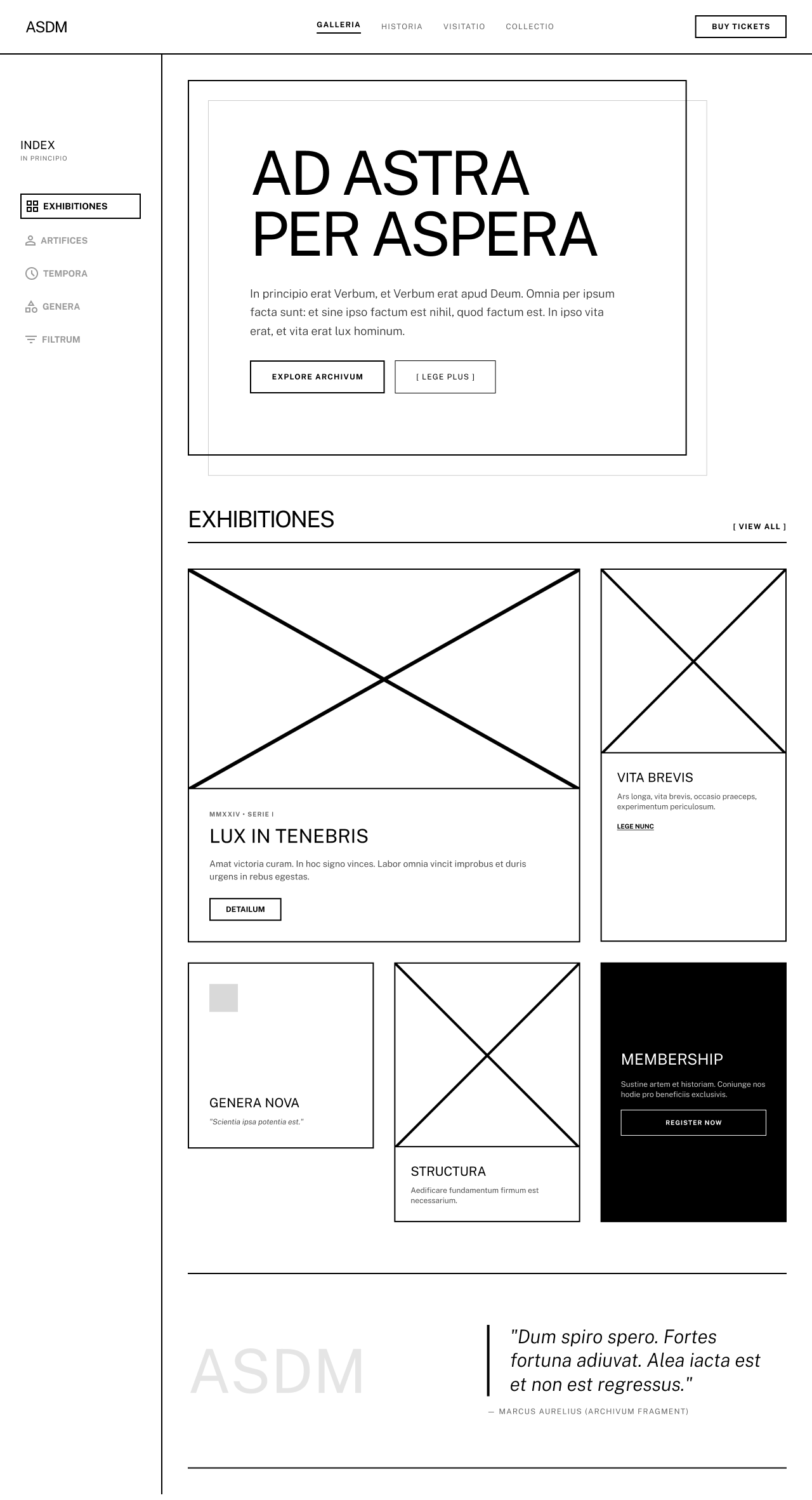 Lo-fi Figma wireframe of the homepage with Latin placeholder copy: AD ASTRA PER ASPERA tagline hero, EXHIBITIONES grid with image-placeholder blocks, sidebar nav, MEMBERSHIP card, and a Marcus Aurelius pull-quote footer.