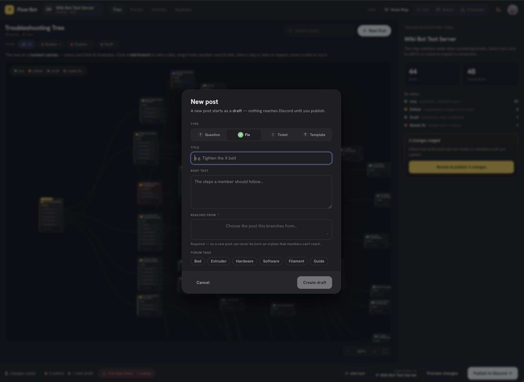 The New post dialog. It reads: a new post starts as a draft, nothing reaches Discord until you publish. It has Type, Title, and Body fields, and a required Reached from field with the note: required, so a new post can never be born an orphan that members cannot reach.