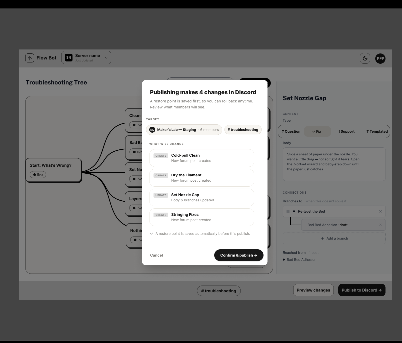 A blocking confirmation modal titled Publishing makes 4 changes in Discord. It lists each change by name and type, names the target server and channel, and notes a restore point is saved automatically first.