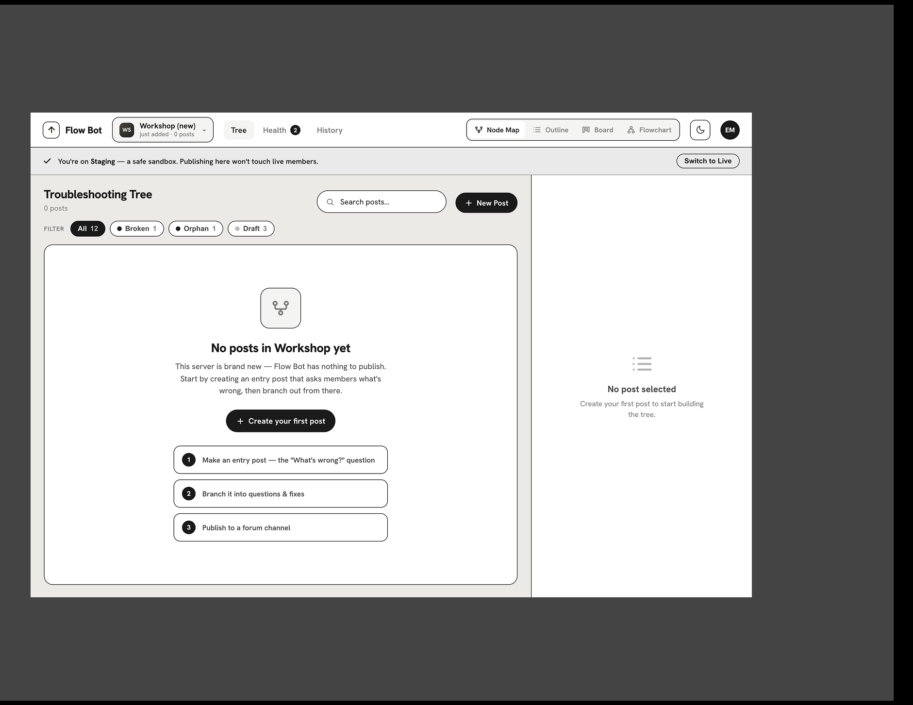 An empty dashboard for a brand-new server, showing a numbered getting-started list and a banner reading you are on Staging, a safe sandbox, with a Switch to Live control.