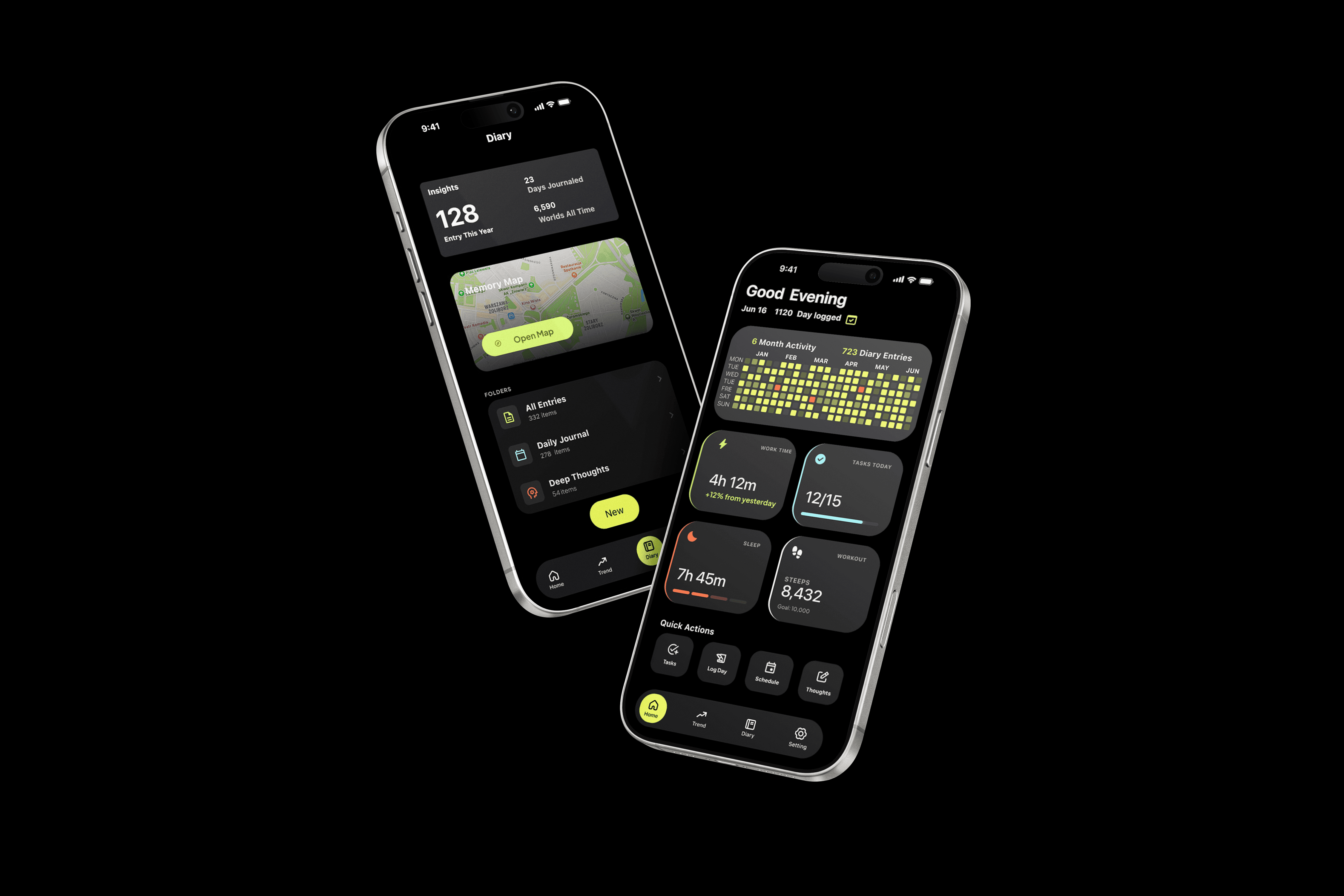LifeFlow: two iPhone screens in dark mode showing the Diary view (180-day heatmap, folders) and the Home dashboard (Good Evening greeting, 6-month activity heatmap, work, sleep, and steps cards).