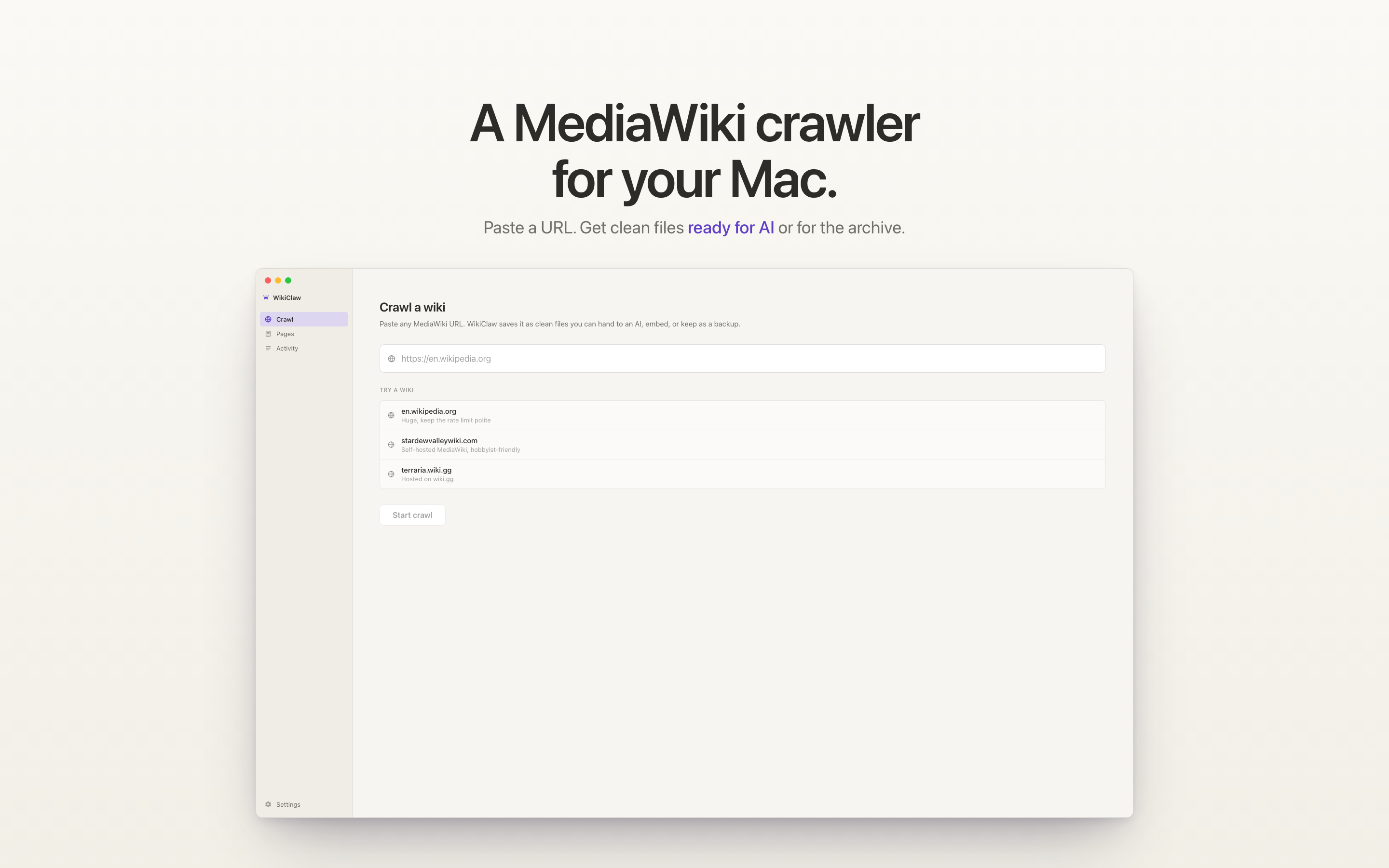 App Store screenshot: "A MediaWiki crawler for your Mac. Paste a URL. Get clean files ready for AI or for the archive."