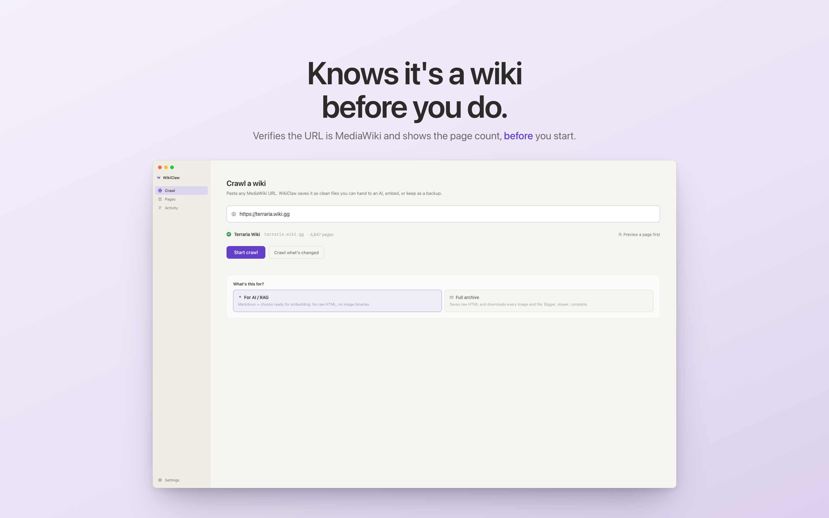 App Store screenshot: "Knows it's a wiki before you do. Verifies the URL is MediaWiki and shows the page count, before you start."