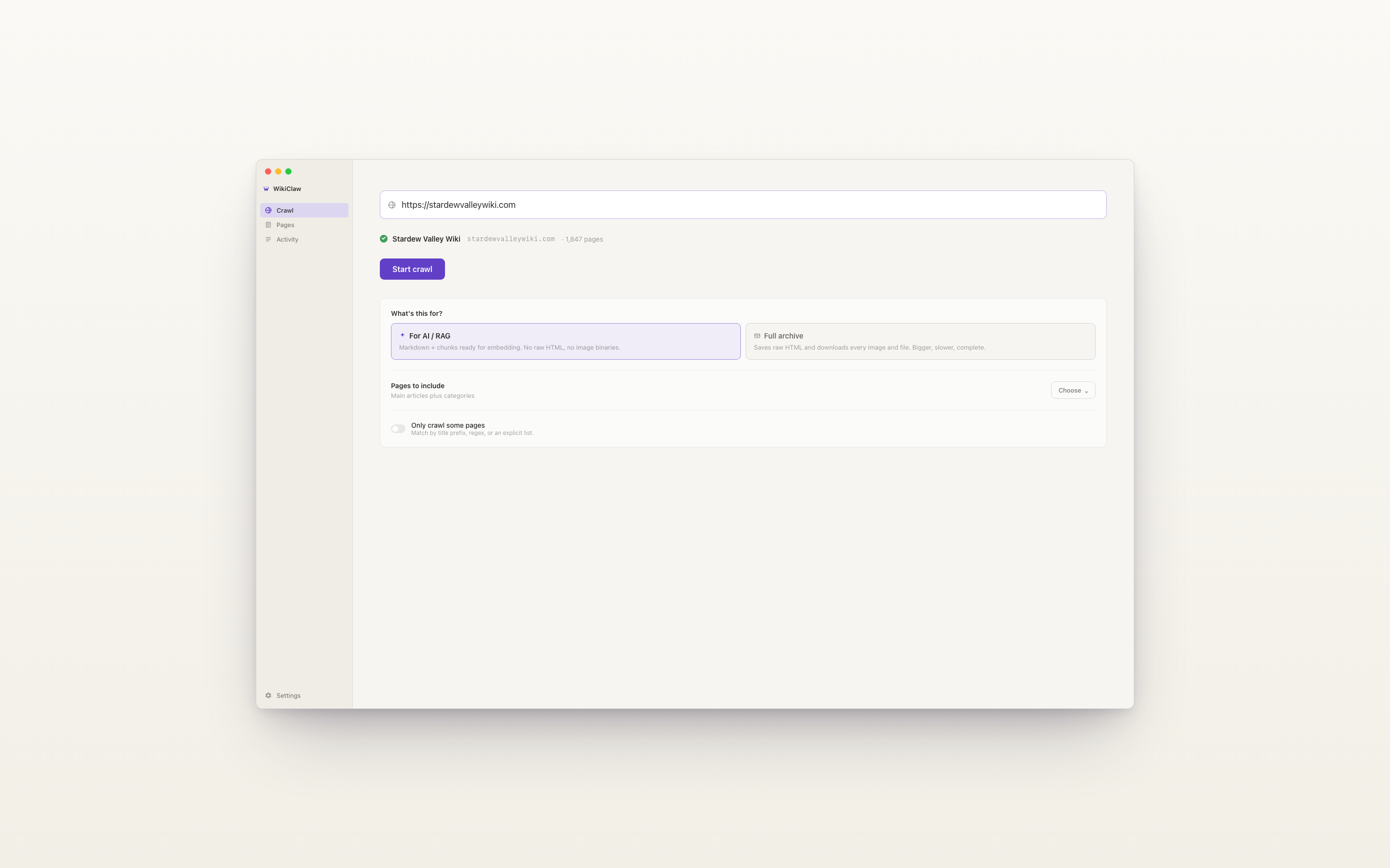 WikiClaw with stardewvalleywiki.com verified: mode picker plus Pages to include and Only crawl some pages controls revealed.