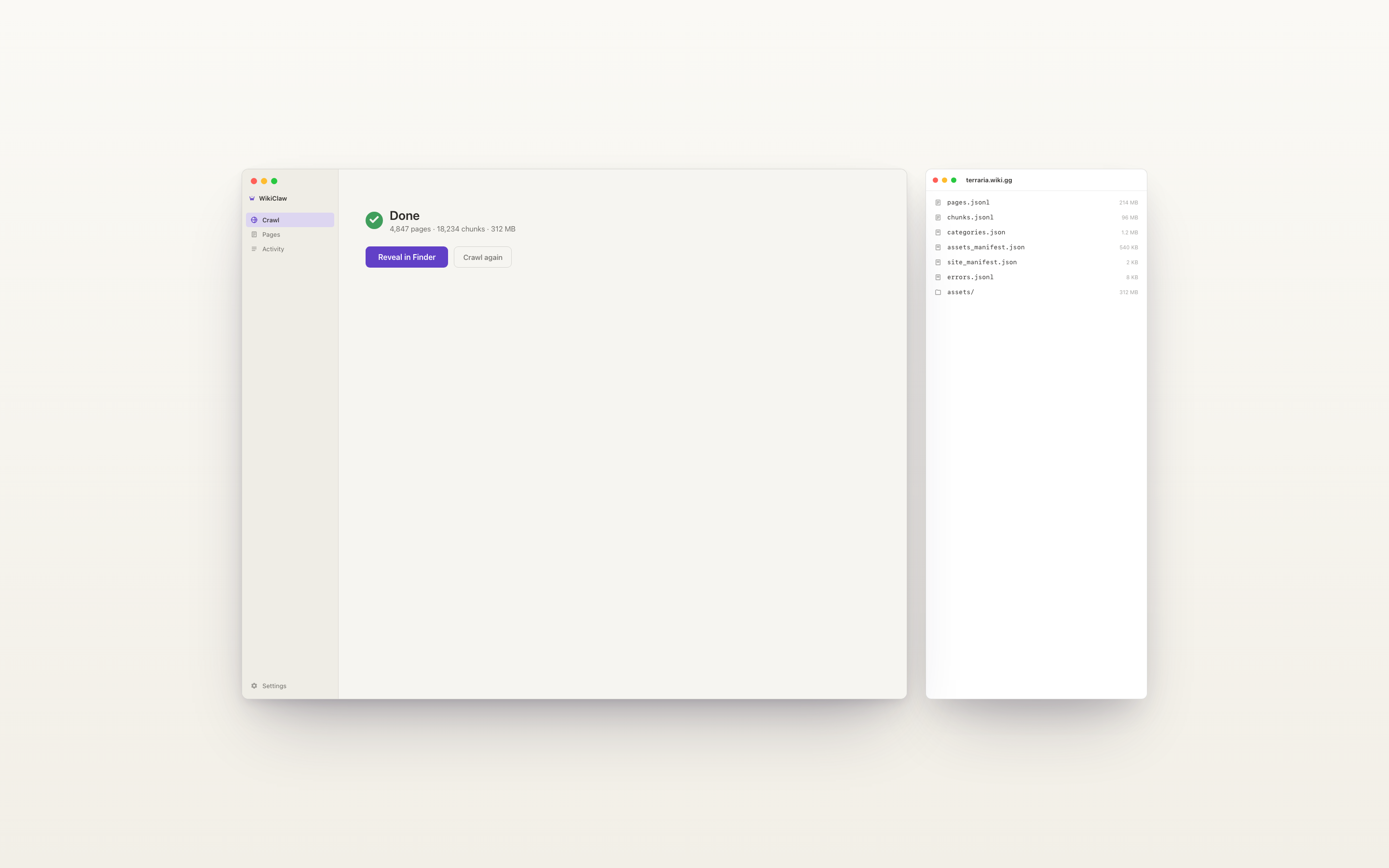 WikiClaw done state in light mode: a green check, the crawl totals, and Reveal in Finder and Crawl again buttons.