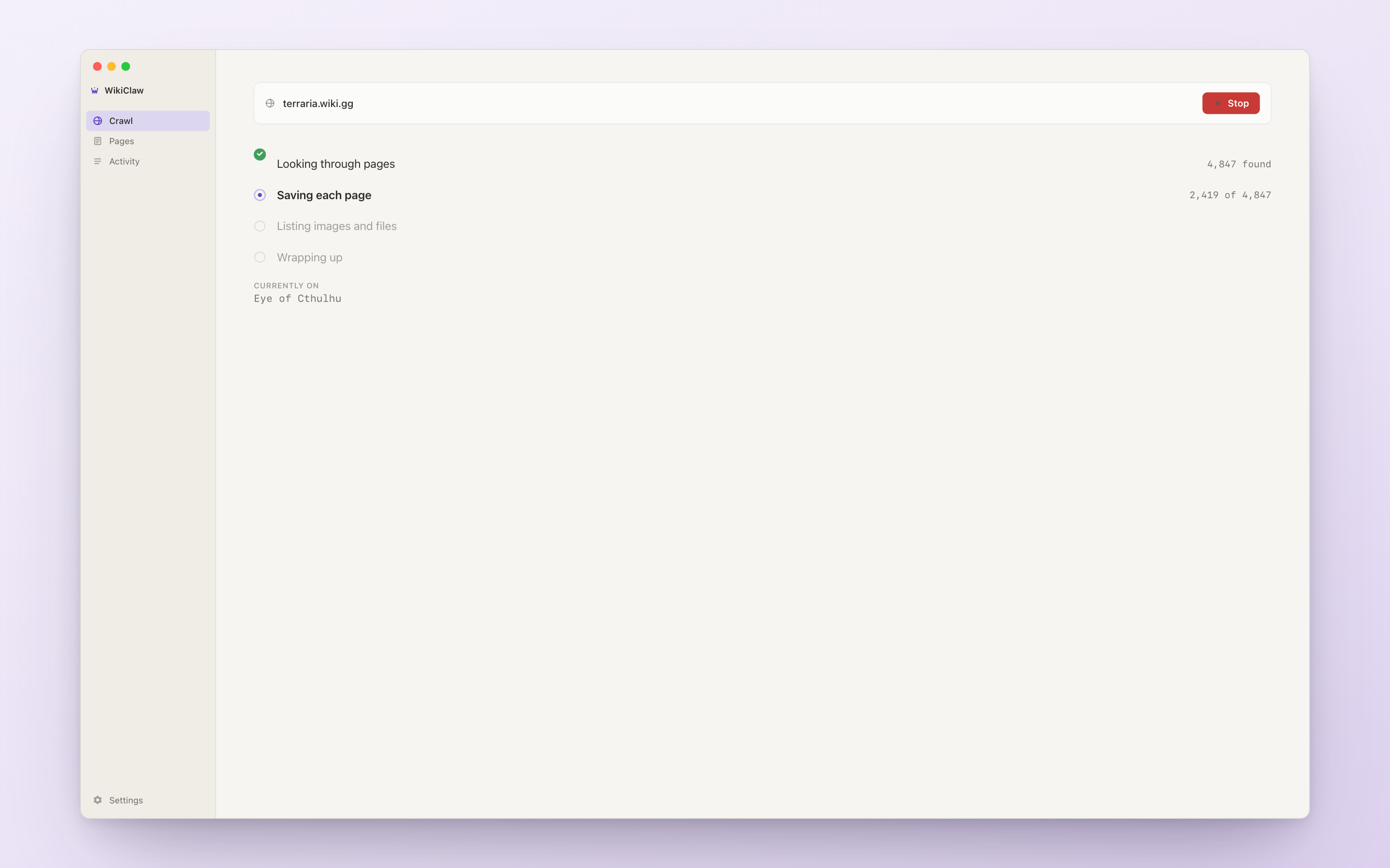 WikiClaw mid-crawl: a checklist with Looking through pages done, Saving each page in progress (2,439 of 4,847), Listing images and Wrapping up pending, the current page, and a red Stop button.