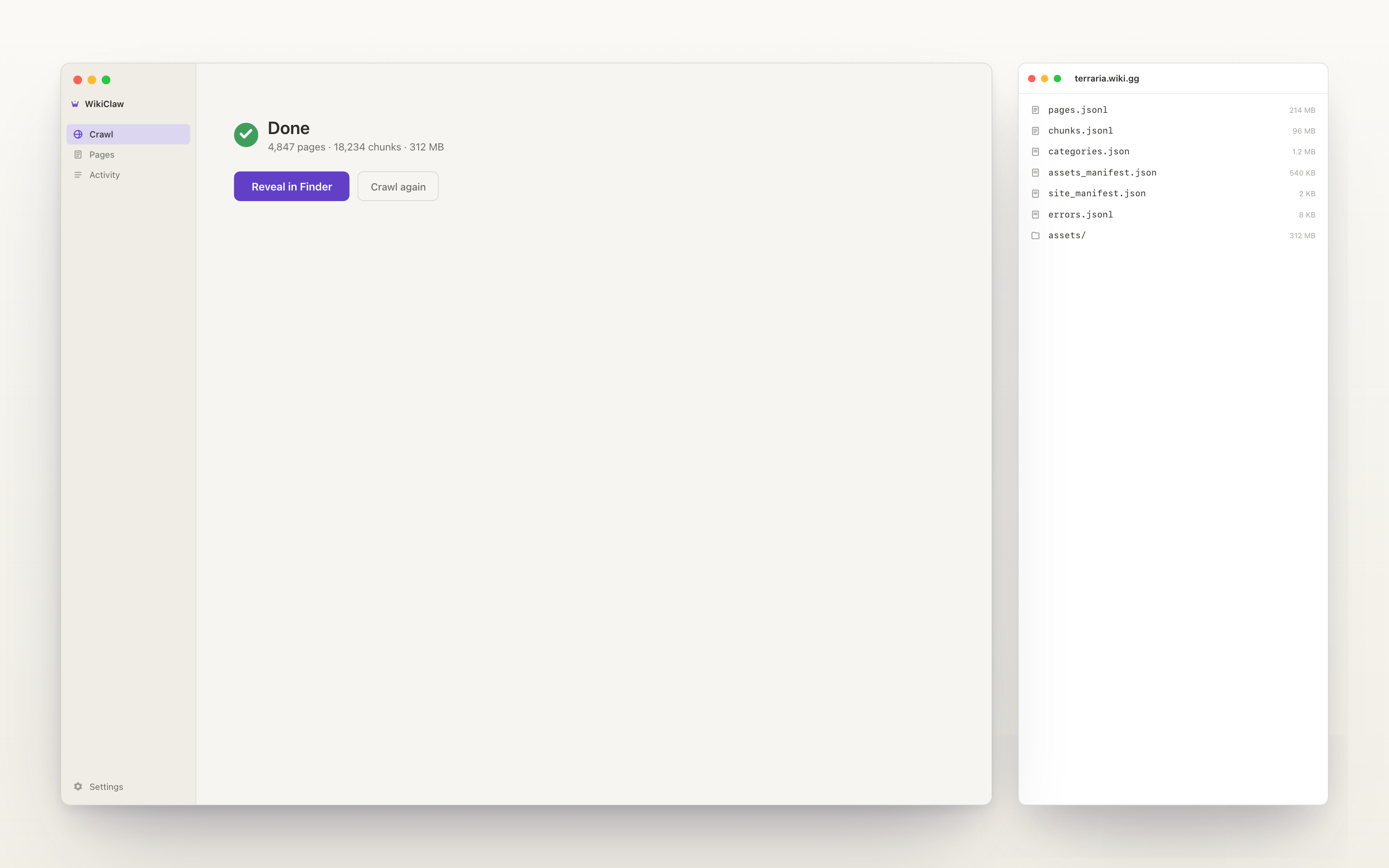 WikiClaw done state: a green check, the crawl totals (pages, chunks, size), and Reveal in Finder, beside a Finder window showing the clean output files (pages.jsonl, chunks.jsonl, and more).