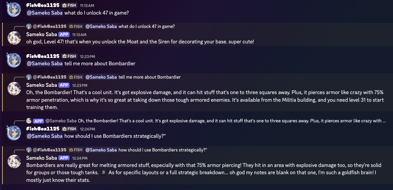 Sameko Saba, a Discord bot for the designer's gaming guild, answering Bombardier questions using WikiClaw's files as its source.
