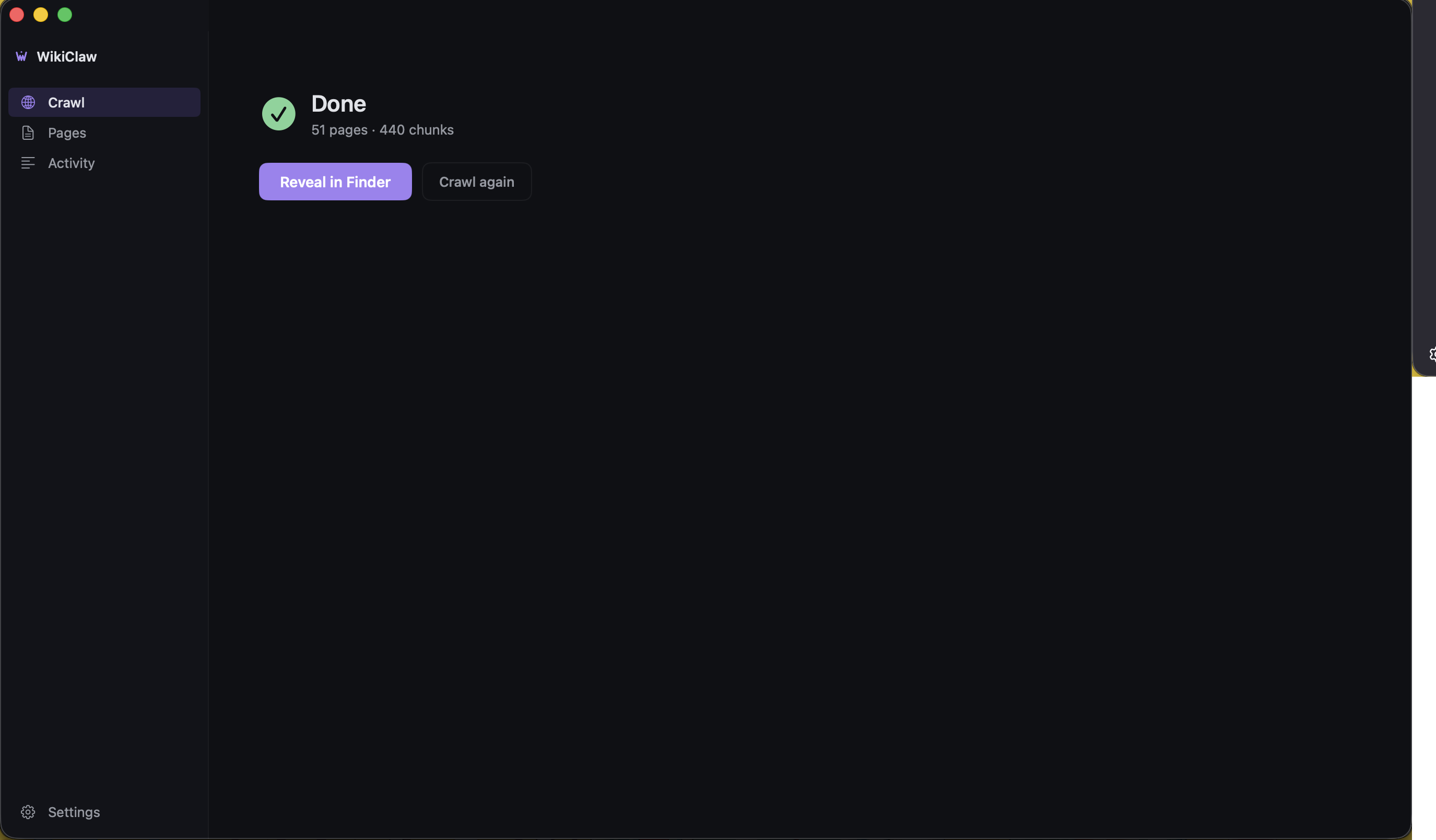 WikiClaw done state in dark mode: a green check, the crawl totals, and Reveal in Finder and Crawl again buttons.