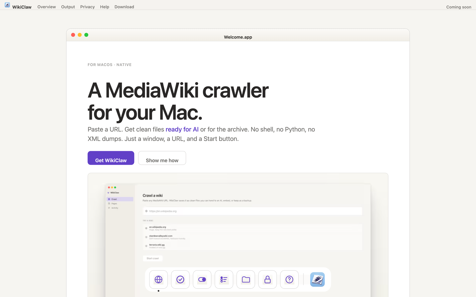 Marketing site at wikiclaw.work: "A MediaWiki crawler for your Mac"