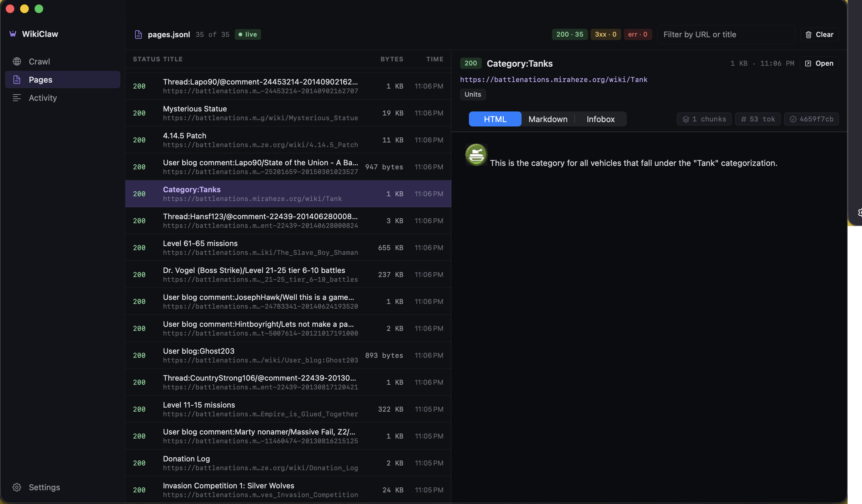 WikiClaw page browser in dark mode: a list of crawled pages with status, title, size, and time, beside a detail pane showing the selected page with HTML, Markdown, and Infobox views.